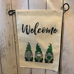 NEW St. Patrick's Day Gnome Garden Flag in greens on a burlap type fabric